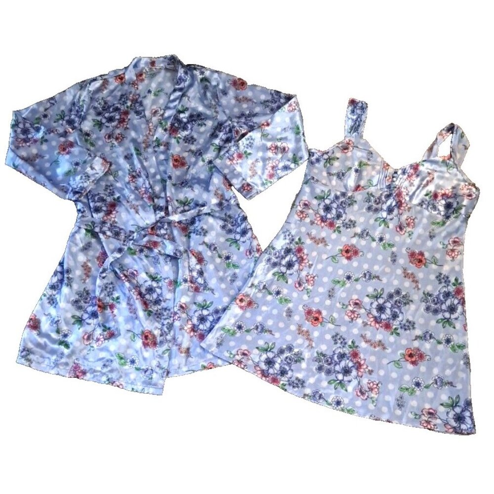 Womens Charteuse Satin Nightgown & Robe Kimono Short Flirty Blue Polka Dot M